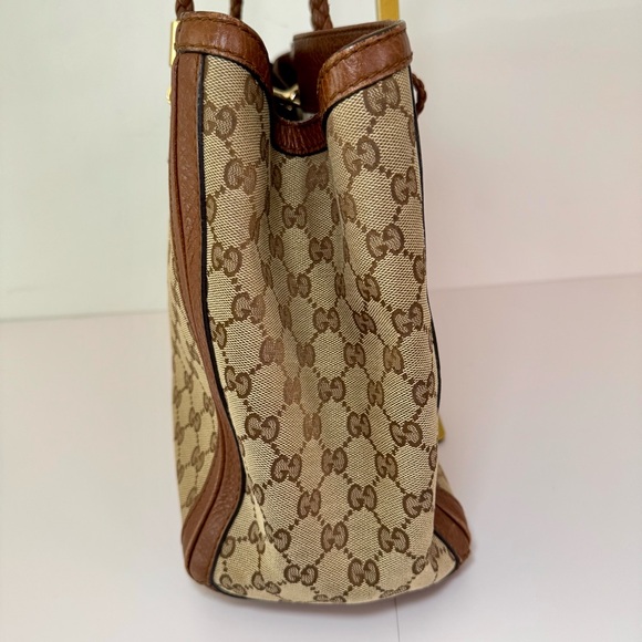Gucci Medium Bella Tote W Brown & Tan GG Logo Canvas And Braided Leather Trim - Picture 4 of 16